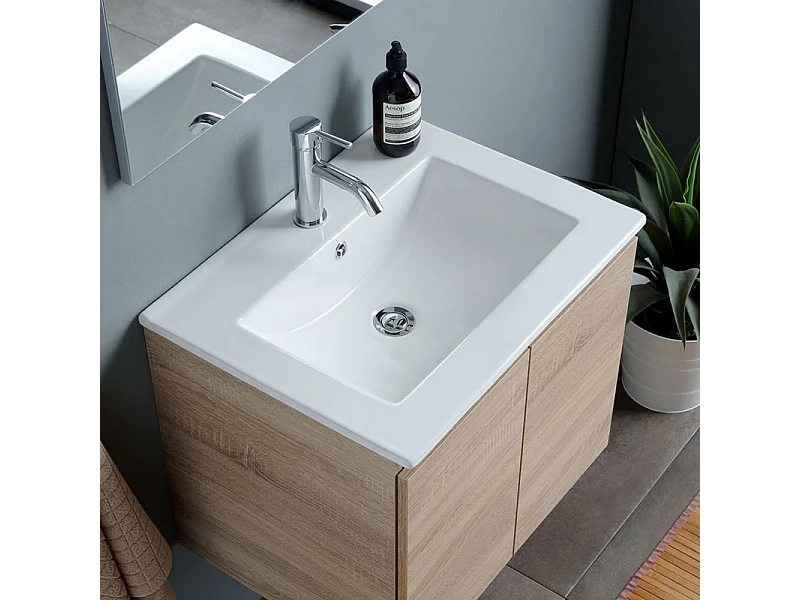 60cm "Belize" eikenhouten wandbadkamerkast met 2 keramische wastafeldeuren en 60x80cm spiegel