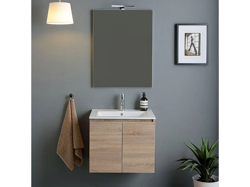 60 cm großer Badezimmer-Wandschrank aus Eiche „Belize“ mit 2 Keramikwaschbeckentüren und 60 x 80 cm großem Spiegel