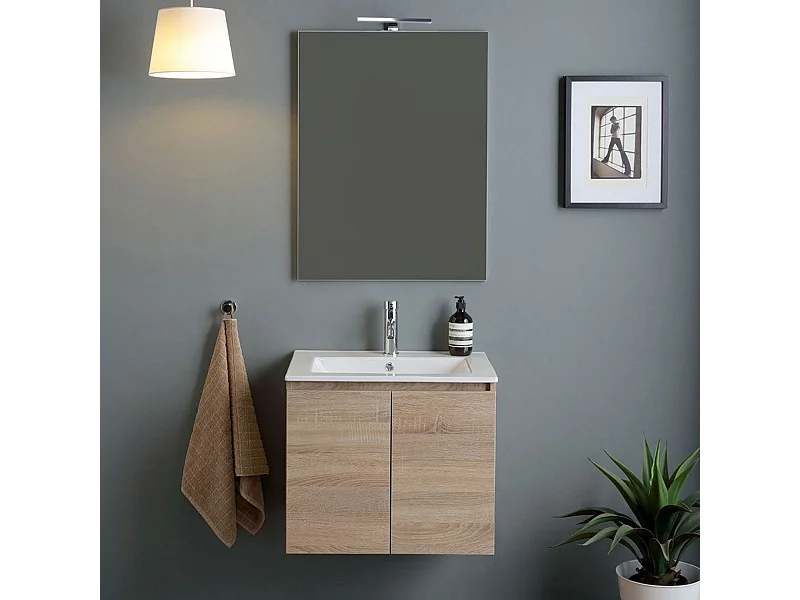 Szafka łazienkowa wisząca 60 cm w kolorze dębu "Belize" z 2 ceramicznymi drzwiami do umywalki i lustrem 60x80 cm