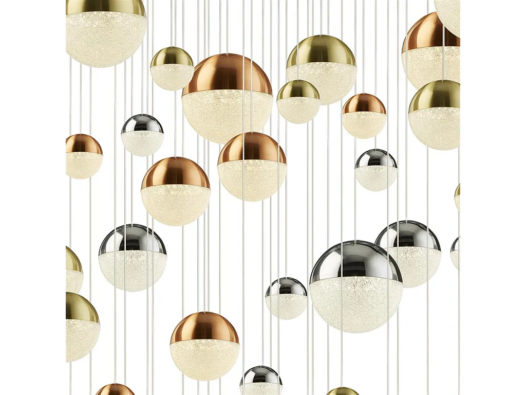 Searchlight Planets Suspension 55 Lumières Cuivre, Chrome, Boules Laiton Satiné & Cristal Sable 4000K