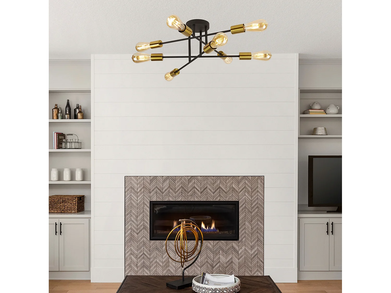 Searchlight Armstrong - Plafoniera a 8 luci semi filo nero opaco, ottone satinato, attacco E27