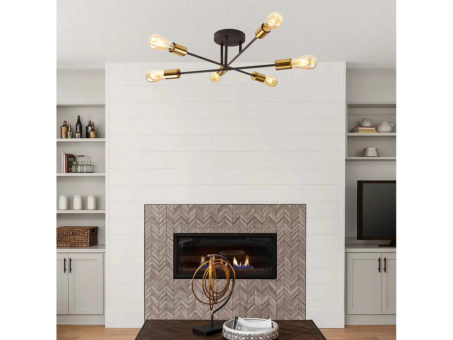 Searchlight Armstrong - Plafoniera a 6 luci semi filo nero opaco, ottone satinato, attacco E27