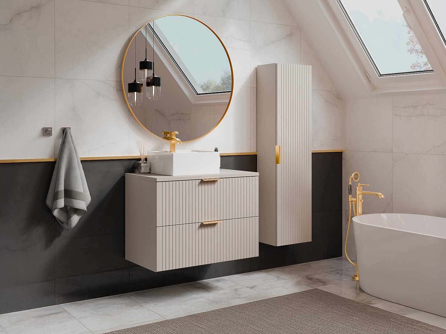 Vente-unique Badhochschrank Hängend - Streifenoptik - Beige - 140 Cm - Zevara
