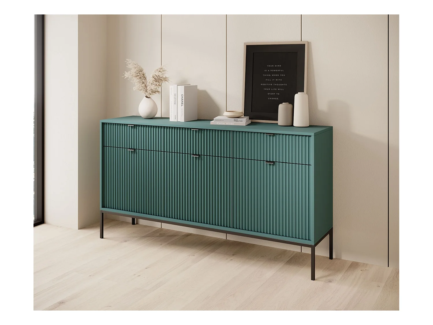 Sideboard 3-türig - Grün mit schwarzem Gestell - 154 cm -VELLORE