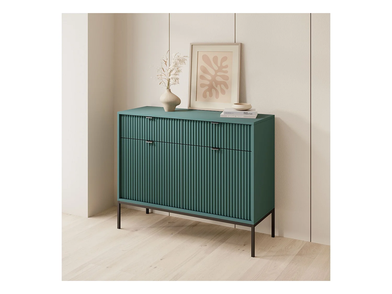 Buffet 2 portes - 104 cm - vert avec pieds noirs - VELLORE