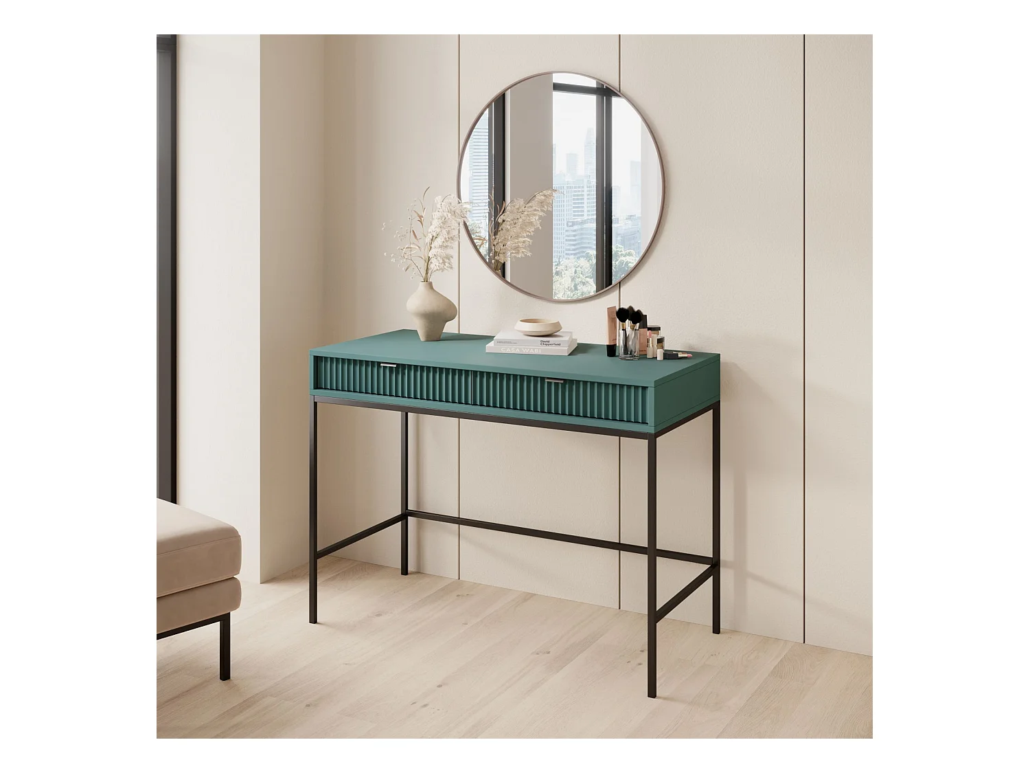 Coiffeuse 2 tiroirs - 104 cm - vert avec pieds noirs - VELLORE