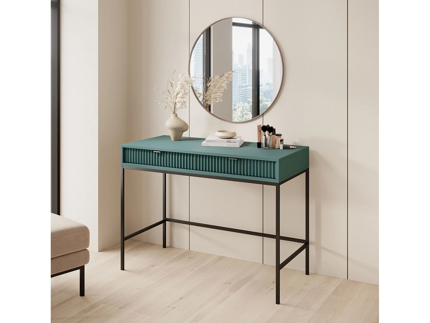 Coiffeuse 2 tiroirs - 104 cm - vert avec pieds noirs - VELLORE