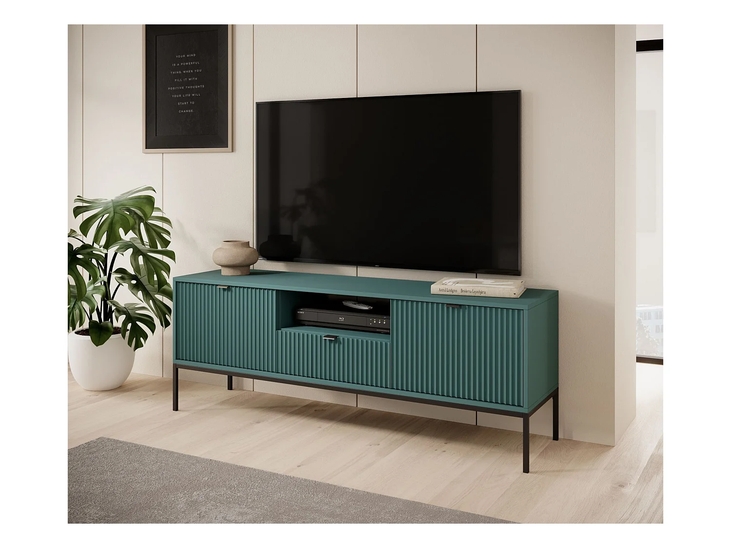 Meuble TV 1 tiroir - 154 cm - vert avec pieds noirs - VELLORE