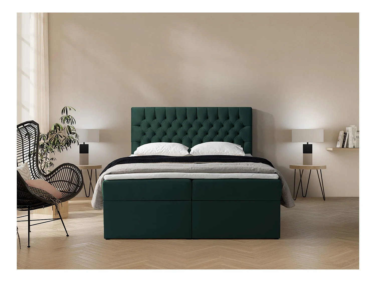 Lit boxspring 160×200 – avec matelas et surmatelas – velours – vert bouteille – DAISSY