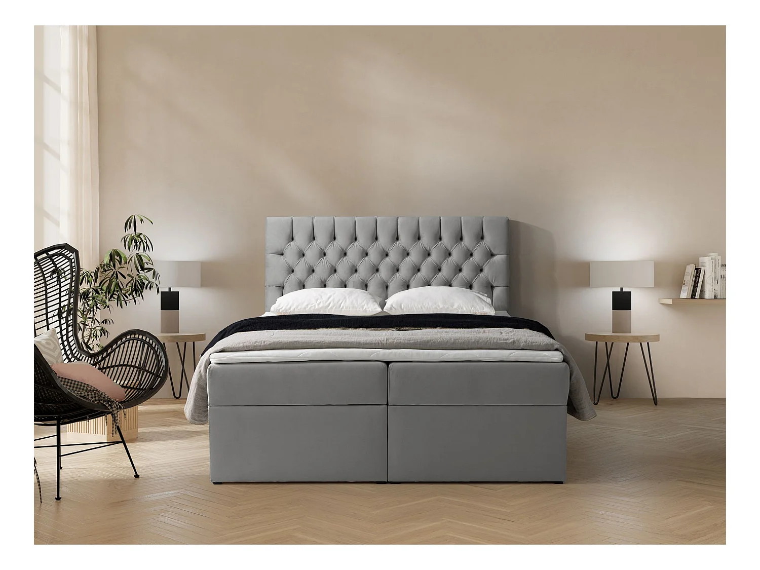Boxspringbed 180×200 met matras en topper – fluweel – grijs – DAISSY