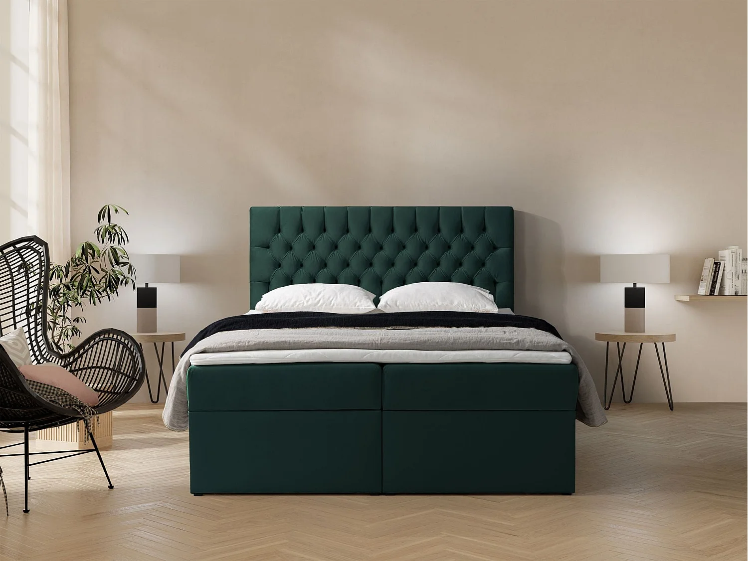 Lit boxspring 140×200 – avec matelas et surmatelas – velours – vert bouteille – DAISSY