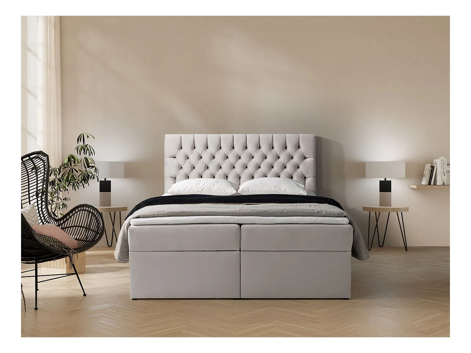 Boxspringbed 160×200 met matras en topper – fluweel – licht beige – DAISSY