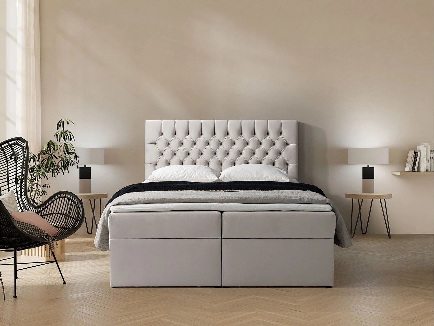 Lit boxspring 160×200 – avec matelas et surmatelas – velours – beige clair – DAISSY