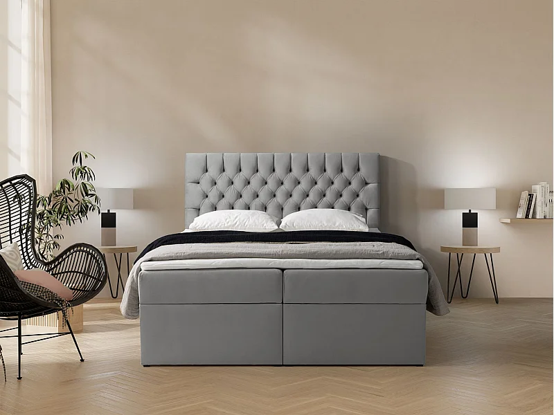 Lit boxspring 160×200 – avec matelas et surmatelas – velours – gris – DAISSY