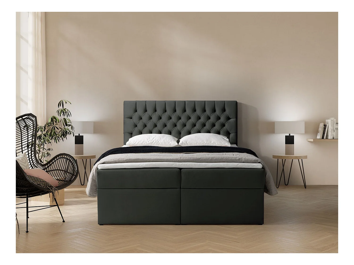 Boxspringbed 160×200 met matras en topper – fluweel – donkergrijs – DAISSY