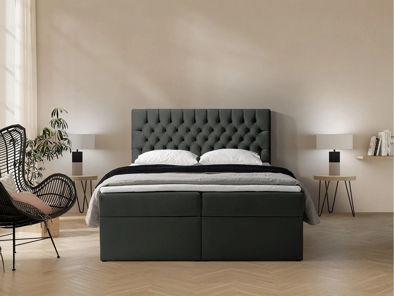 Lit boxspring 140×200 – avec matelas et surmatelas – velours – gris foncé – DAISSY