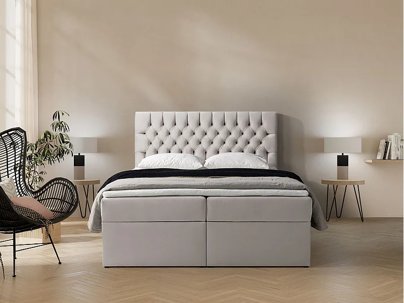 Lit boxspring 140×200 – avec matelas et surmatelas – velours – beige clair – DAISSY