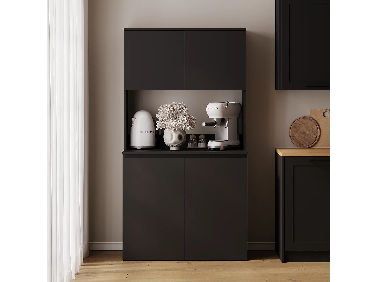 Wysoka szafka kuchenna ESTER – Witryna, kredens i blat roboczy 100x50 cm – Styl wiejski