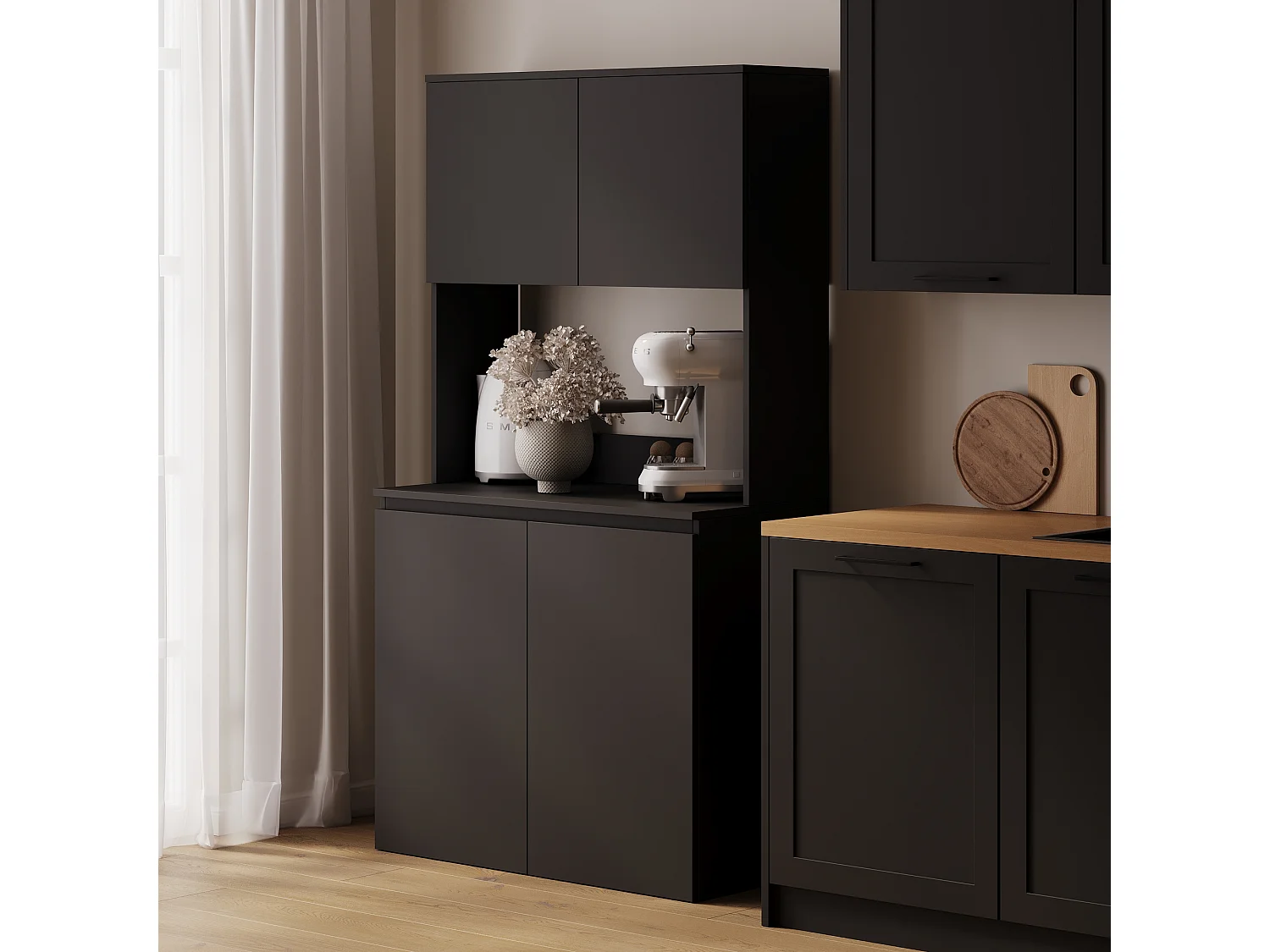 Wysoka szafka kuchenna ESTER – Witryna, kredens i blat roboczy 100x50 cm – Styl wiejski