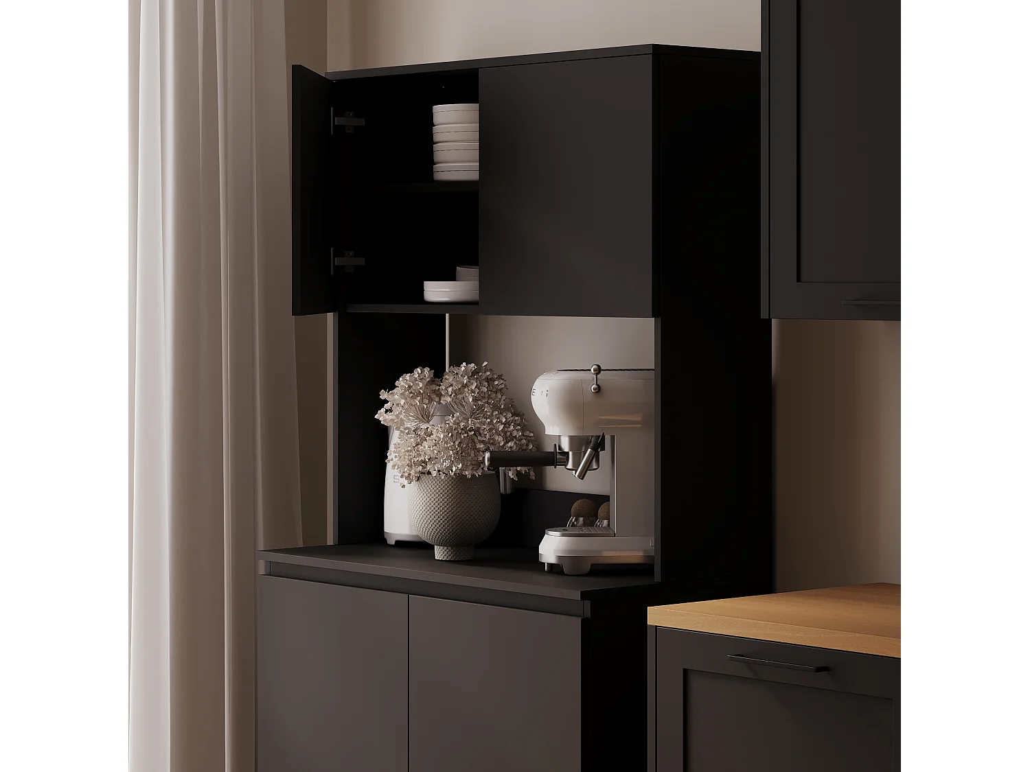 Wysoka szafka kuchenna ESTER – Witryna, kredens i blat roboczy 100x50 cm – Styl wiejski