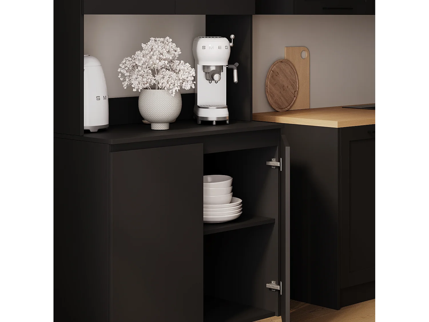 Wysoka szafka kuchenna ESTER – Witryna, kredens i blat roboczy 100x50 cm – Styl wiejski