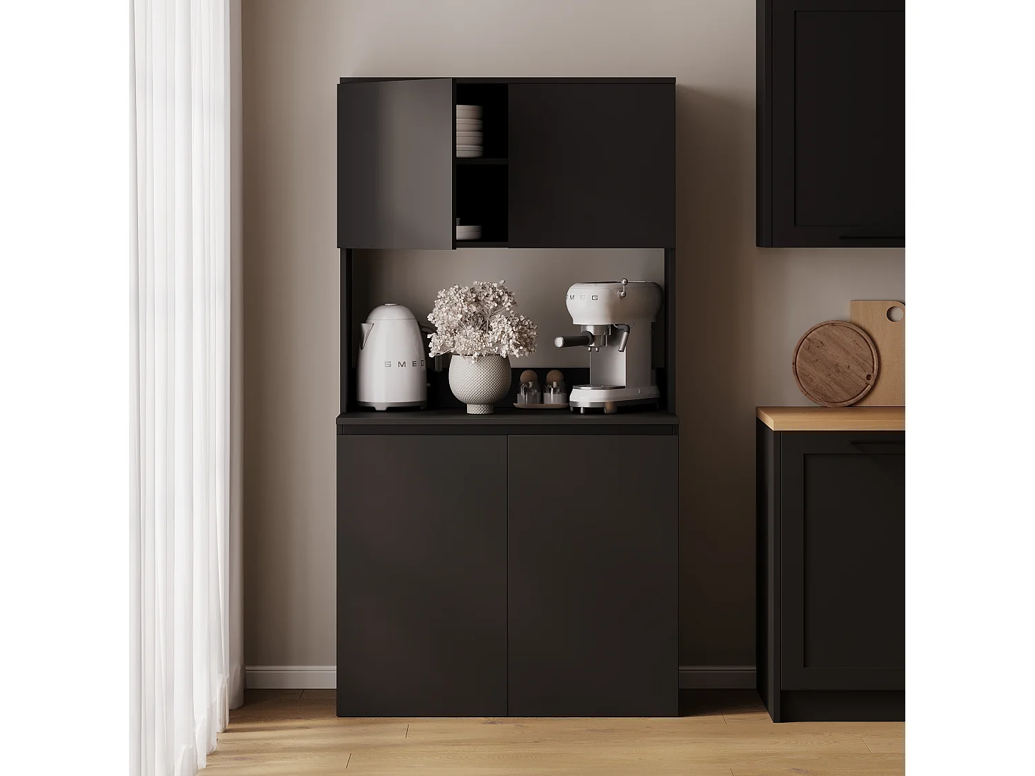 Wysoka szafka kuchenna ESTER – Witryna, kredens i blat roboczy 100x50 cm – Styl wiejski