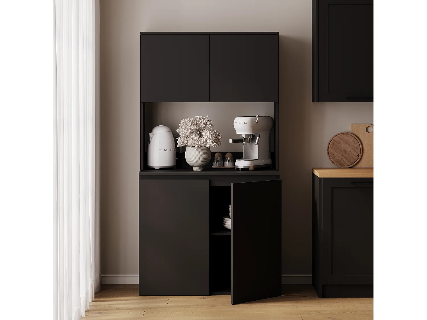 Wysoka szafka kuchenna ESTER – Witryna, kredens i blat roboczy 100x50 cm – Styl wiejski