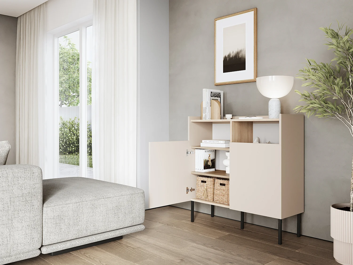 Aparador 100 x 35 x 100 cm – Móvel com portas, pés de metal, acabamento mate para sala de estar