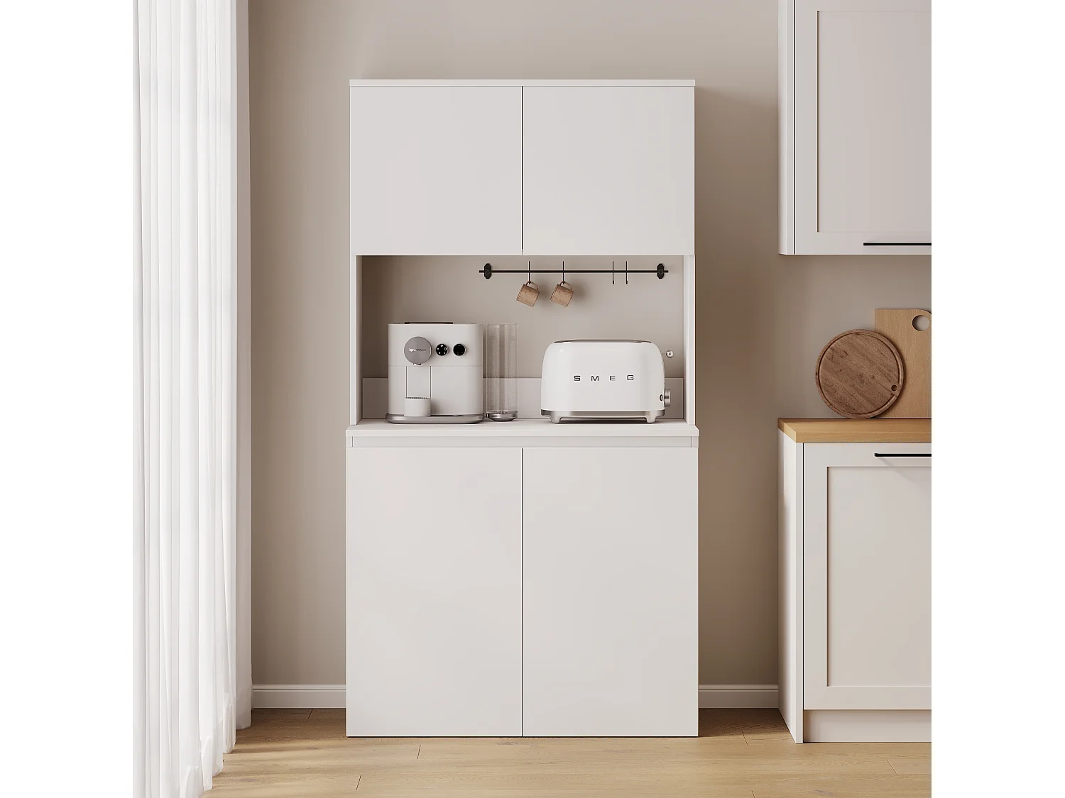 Wysoka szafka kuchenna ESTER – Witryna, kredens i blat roboczy 100x50 cm – Styl wiejski