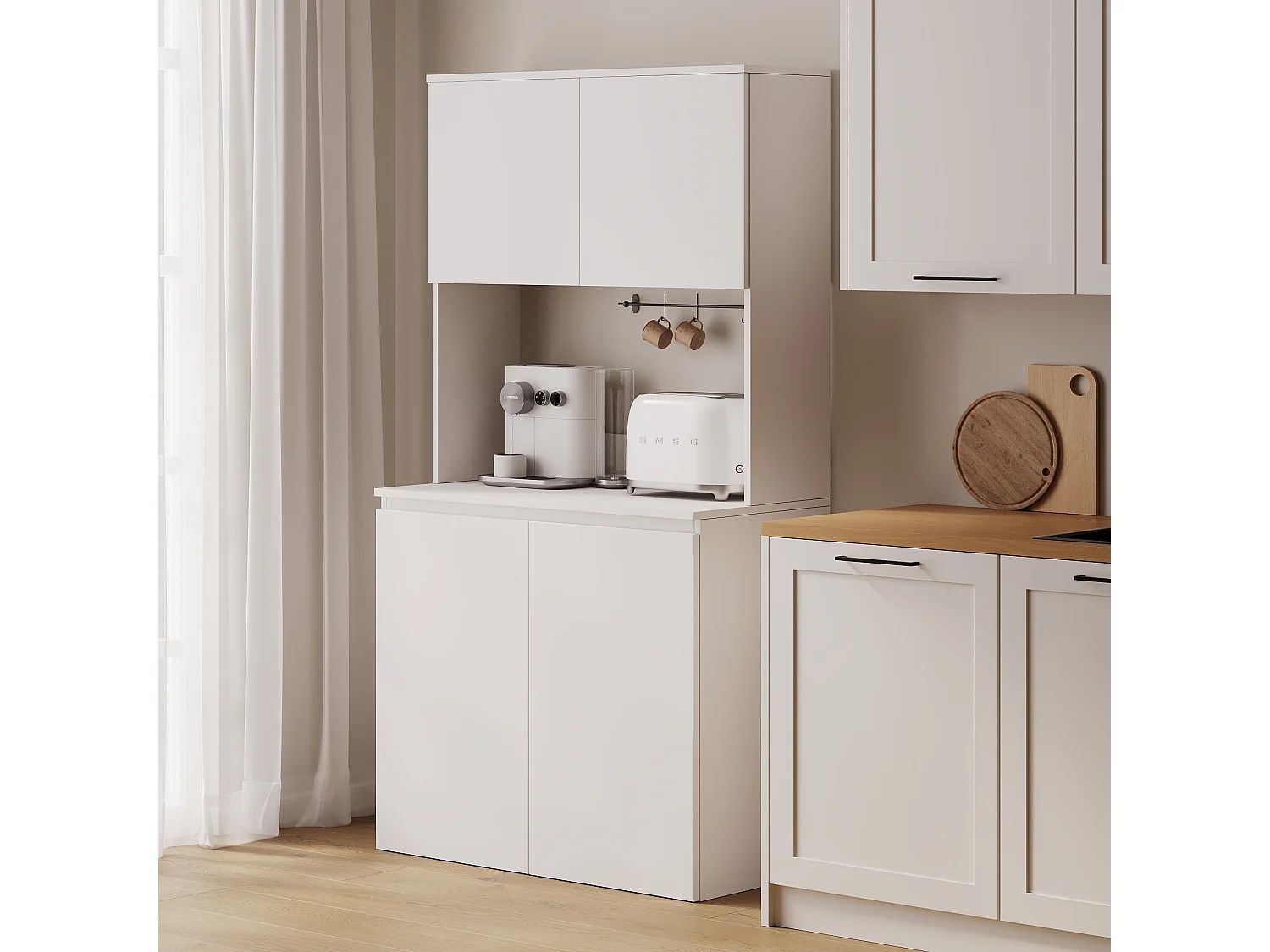 Wysoka szafka kuchenna ESTER – Witryna, kredens i blat roboczy 100x50 cm – Styl wiejski