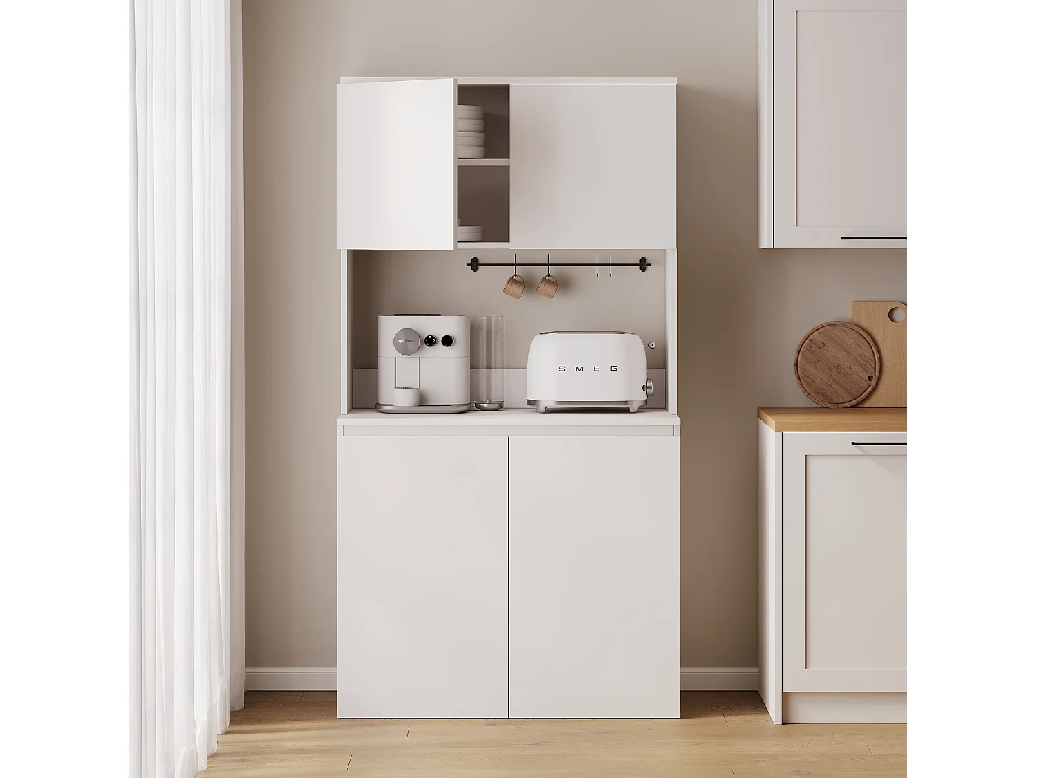 Wysoka szafka kuchenna ESTER – Witryna, kredens i blat roboczy 100x50 cm – Styl wiejski