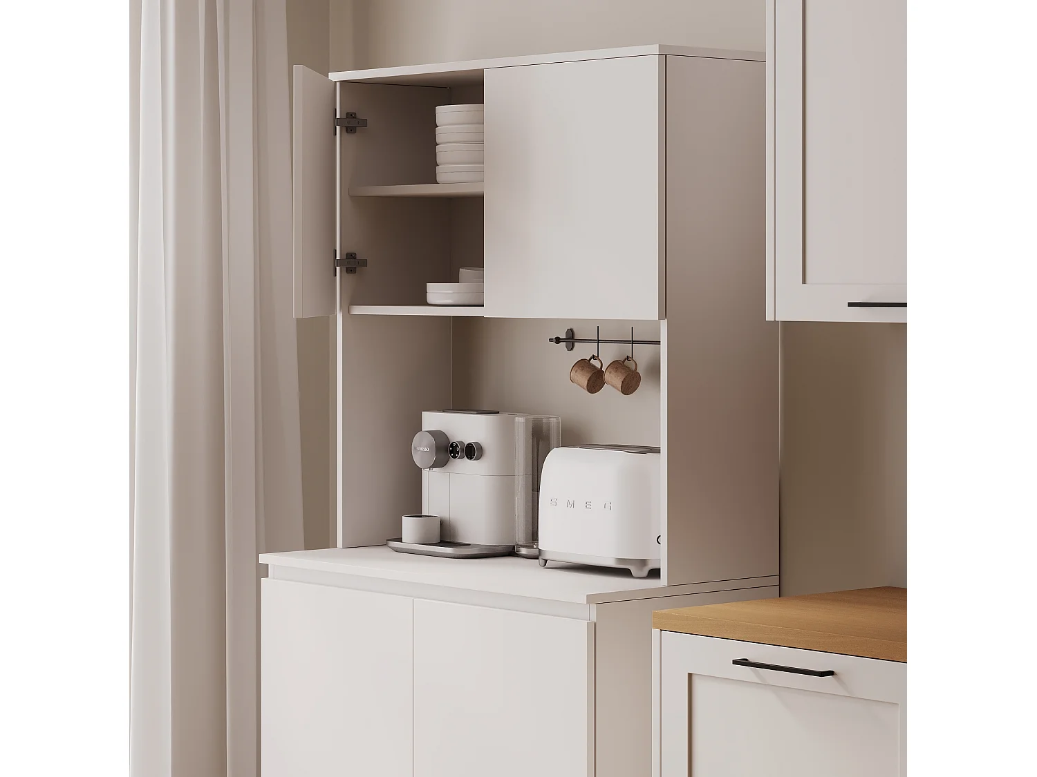 Wysoka szafka kuchenna ESTER – Witryna, kredens i blat roboczy 100x50 cm – Styl wiejski