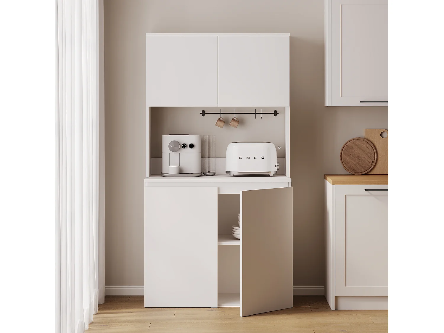 Wysoka szafka kuchenna ESTER – Witryna, kredens i blat roboczy 100x50 cm – Styl wiejski