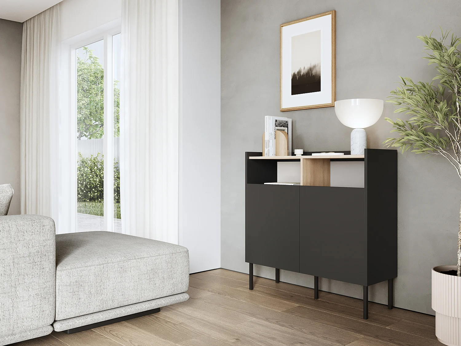 Aparador 100 x 35 x 100 cm - Mueble con puertas, patas de metal, acabado mate para salón