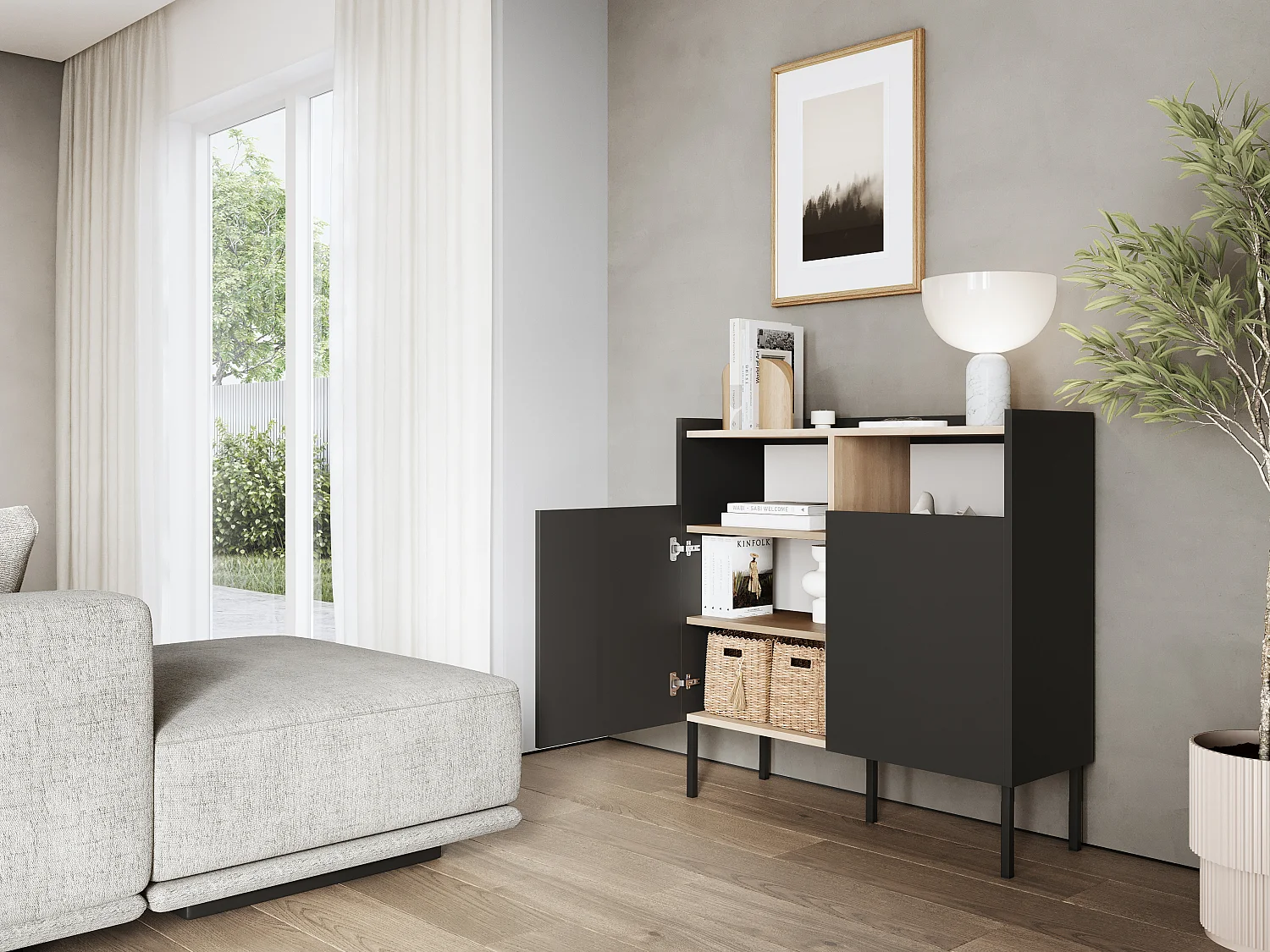 Aparador 100 x 35 x 100 cm - Mueble con puertas, patas de metal, acabado mate para salón