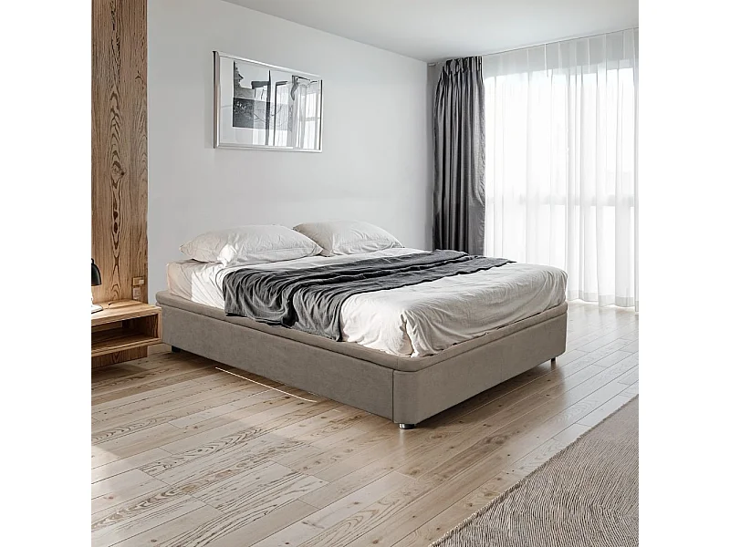 Letto matrimoniale Sommier con contenitore in tessuto taupe 162x192x39H – Praticità compatta