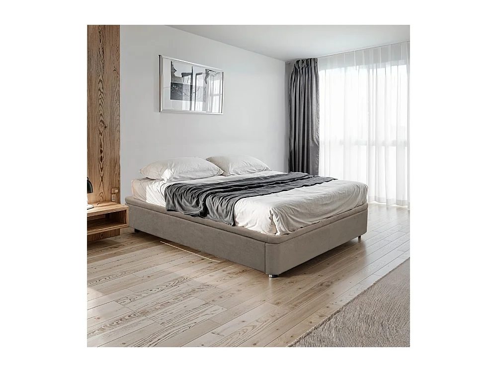 Letto matrimoniale Sommier con contenitore in tessuto taupe 162x192x39H – Praticità compatta