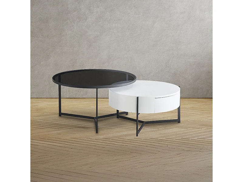 Tavolino rotondo da salotto Velvi bianco e nero – Eleganza funzionale in due livelli