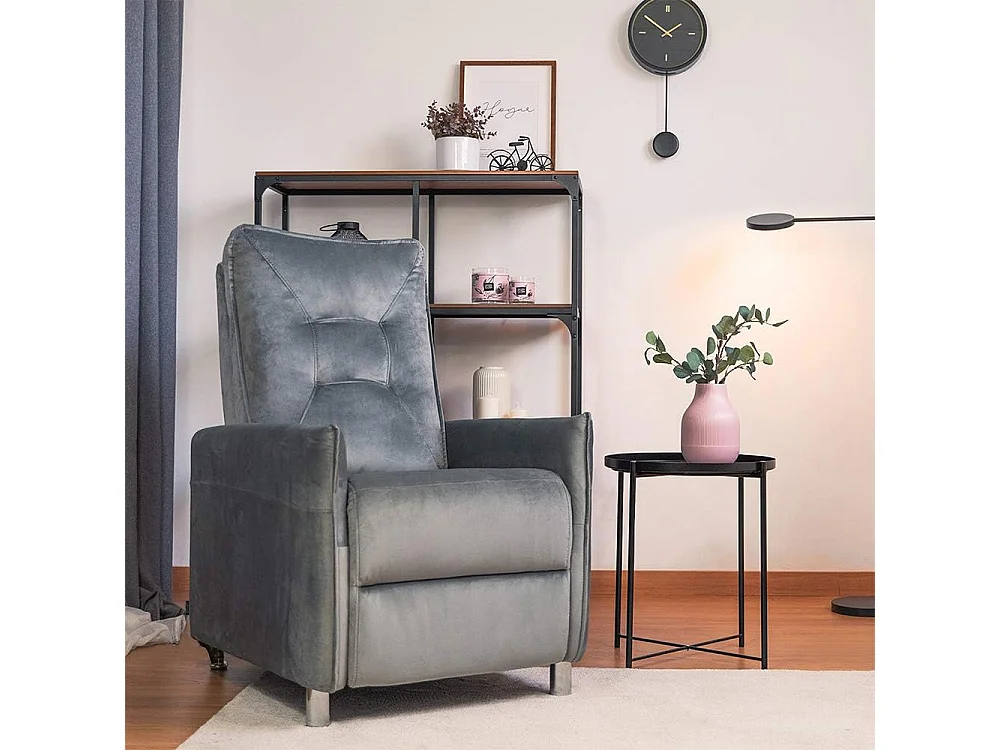 Sillón Relax con Reclinación Manual, Tapizado en Terciopelo, Modelo Lui, Gris