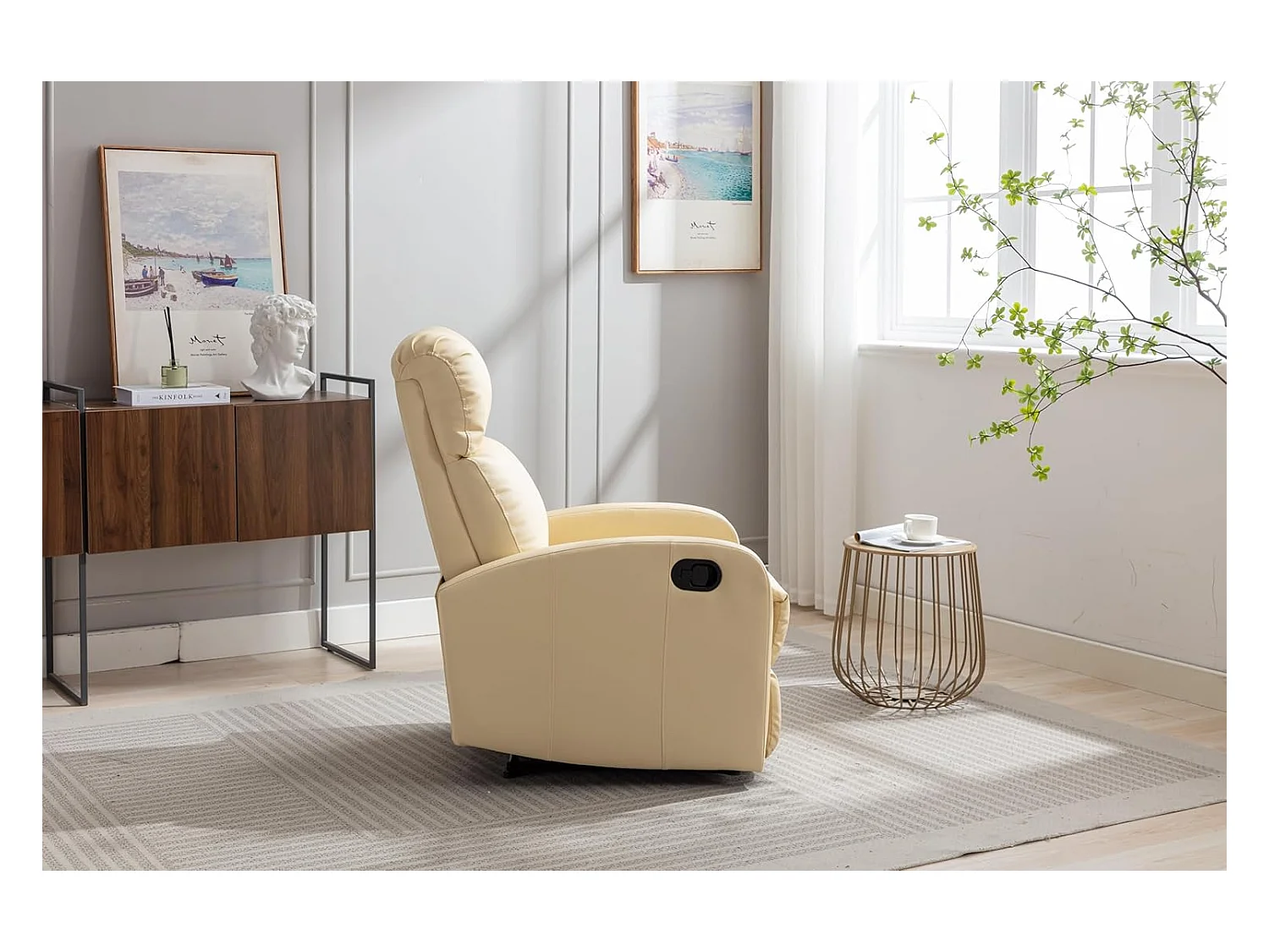 Sillón Relax Reclinación Manual, Tapizado en PU Anti-Cuarteo, Modelo Premium, Crema