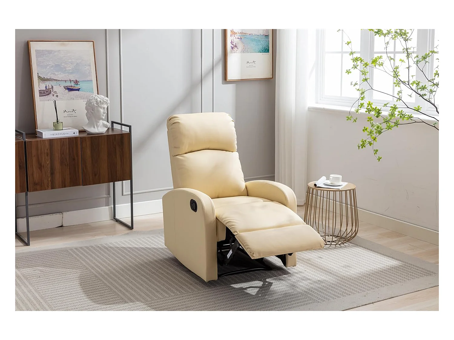 Sillón Relax Reclinación Manual, Tapizado en PU Anti-Cuarteo, Modelo Premium, Crema