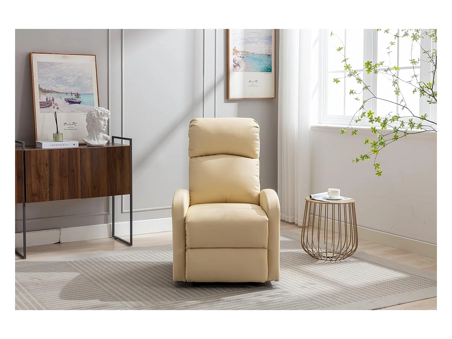 Sillón Relax Reclinación Manual, Tapizado en PU Anti-Cuarteo, Modelo Premium, Crema