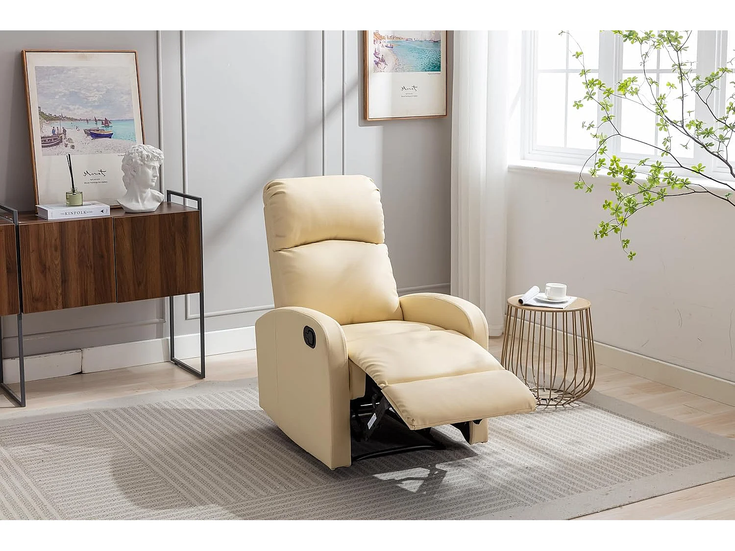 Sillón Relax Reclinación Manual, Tapizado en PU Anti-Cuarteo, Modelo Premium, Crema