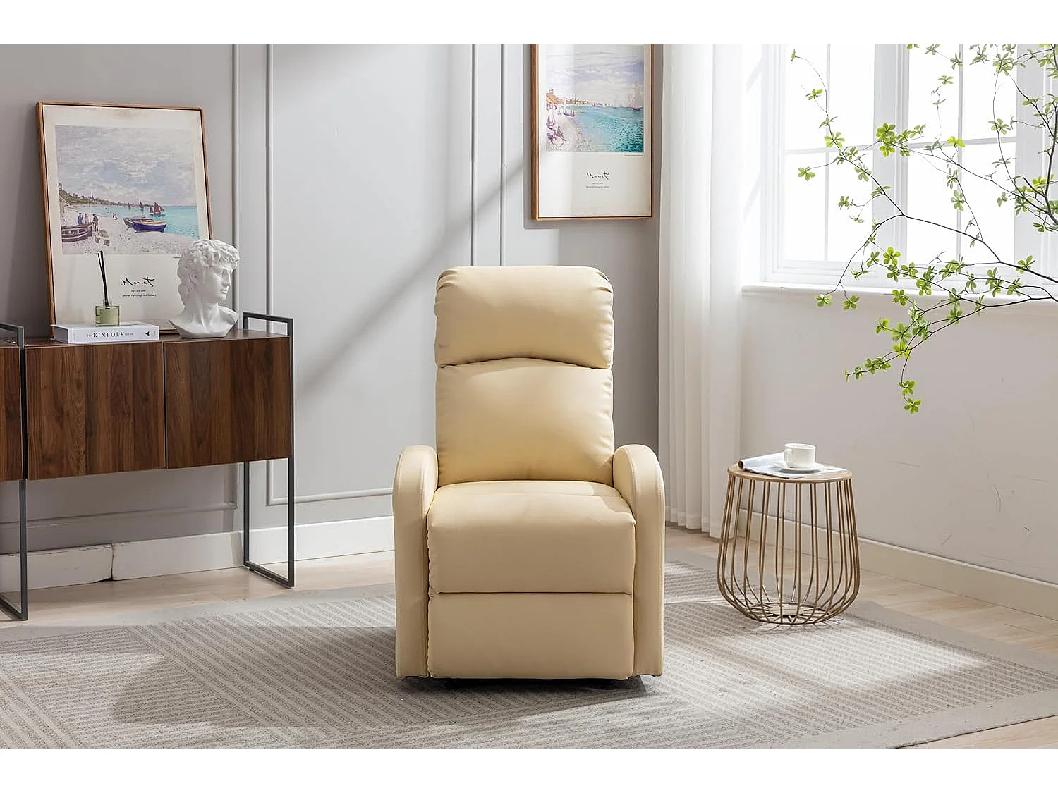 Sillón Relax Reclinación Manual, Tapizado en PU Anti-Cuarteo, Modelo Premium, Crema