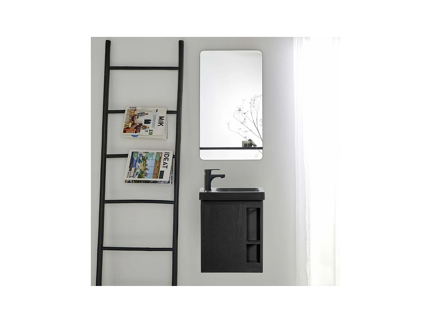 Ensemble lave-mains avec rangement latéral, robinet noir et miroir tablette
