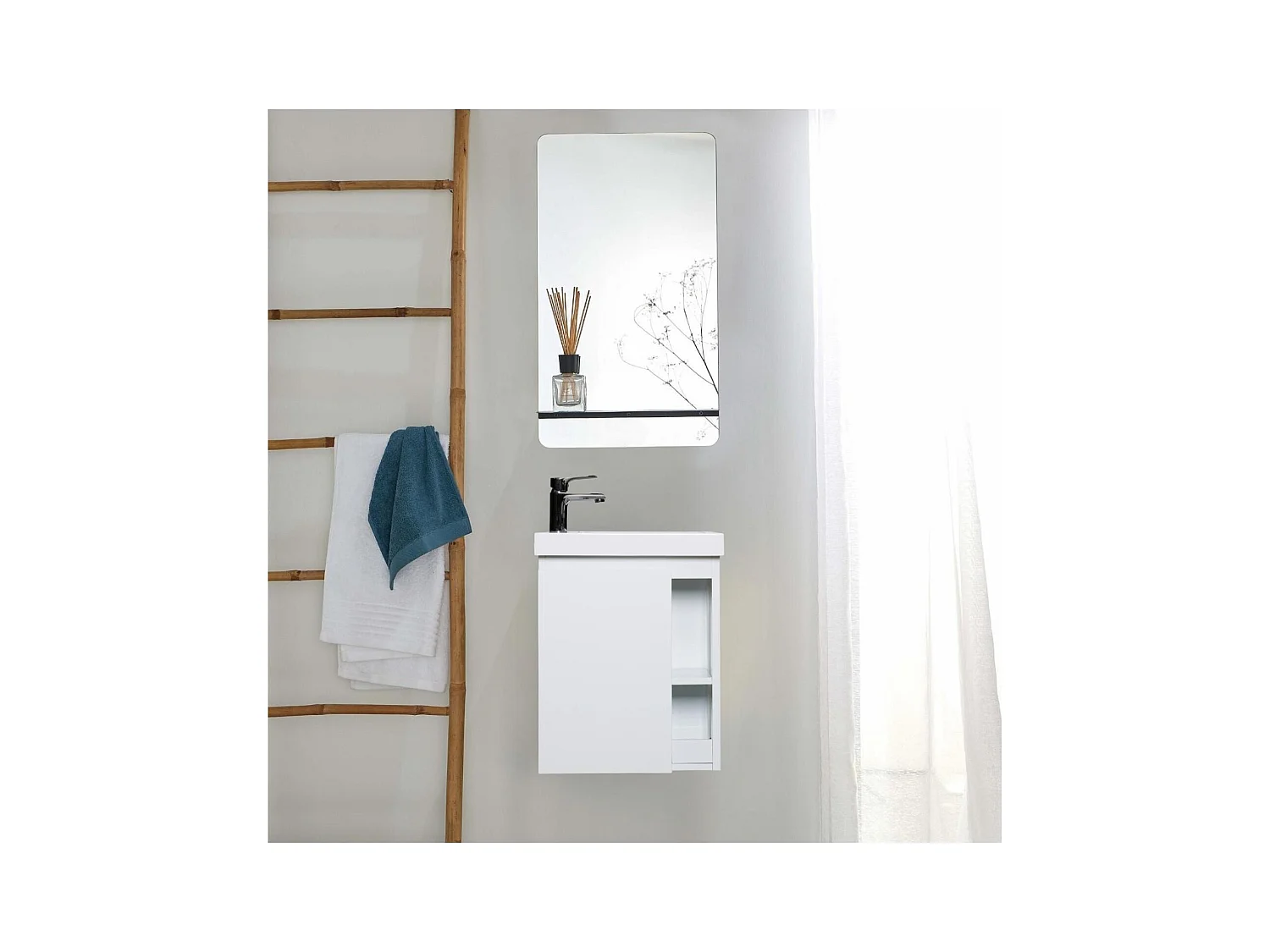Ensemble lave-mains avec rangement latéral, robinet chromé et miroir tablette