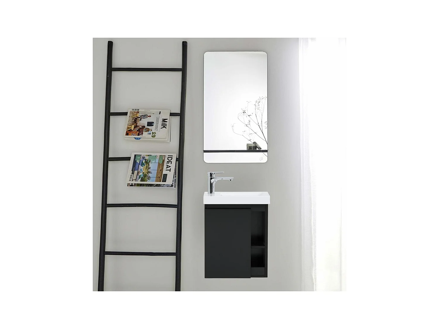 Ensemble lave-mains avec rangement latéral, robinet chromé et miroir tablette