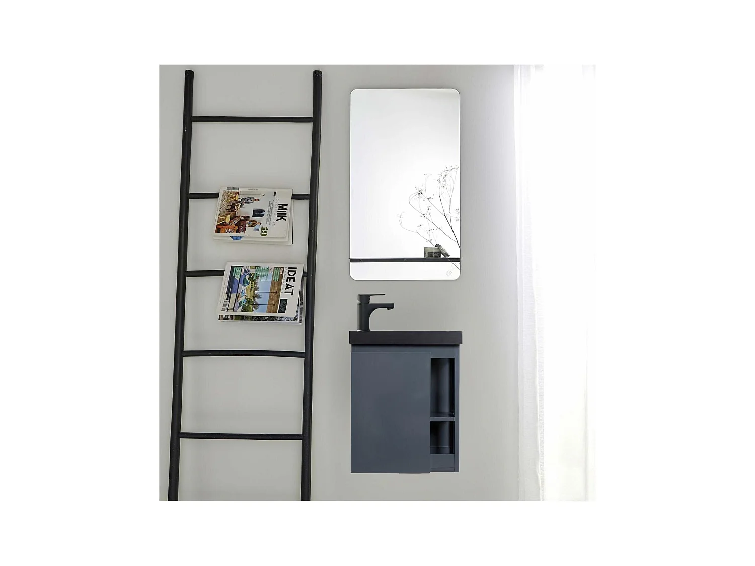 Ensemble lave-mains avec rangement latéral, robinet noir et miroir tablette