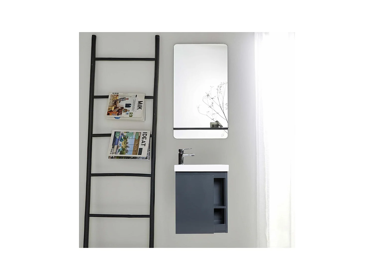 Ensemble lave-mains avec rangement latéral, robinet chromé et miroir tablette