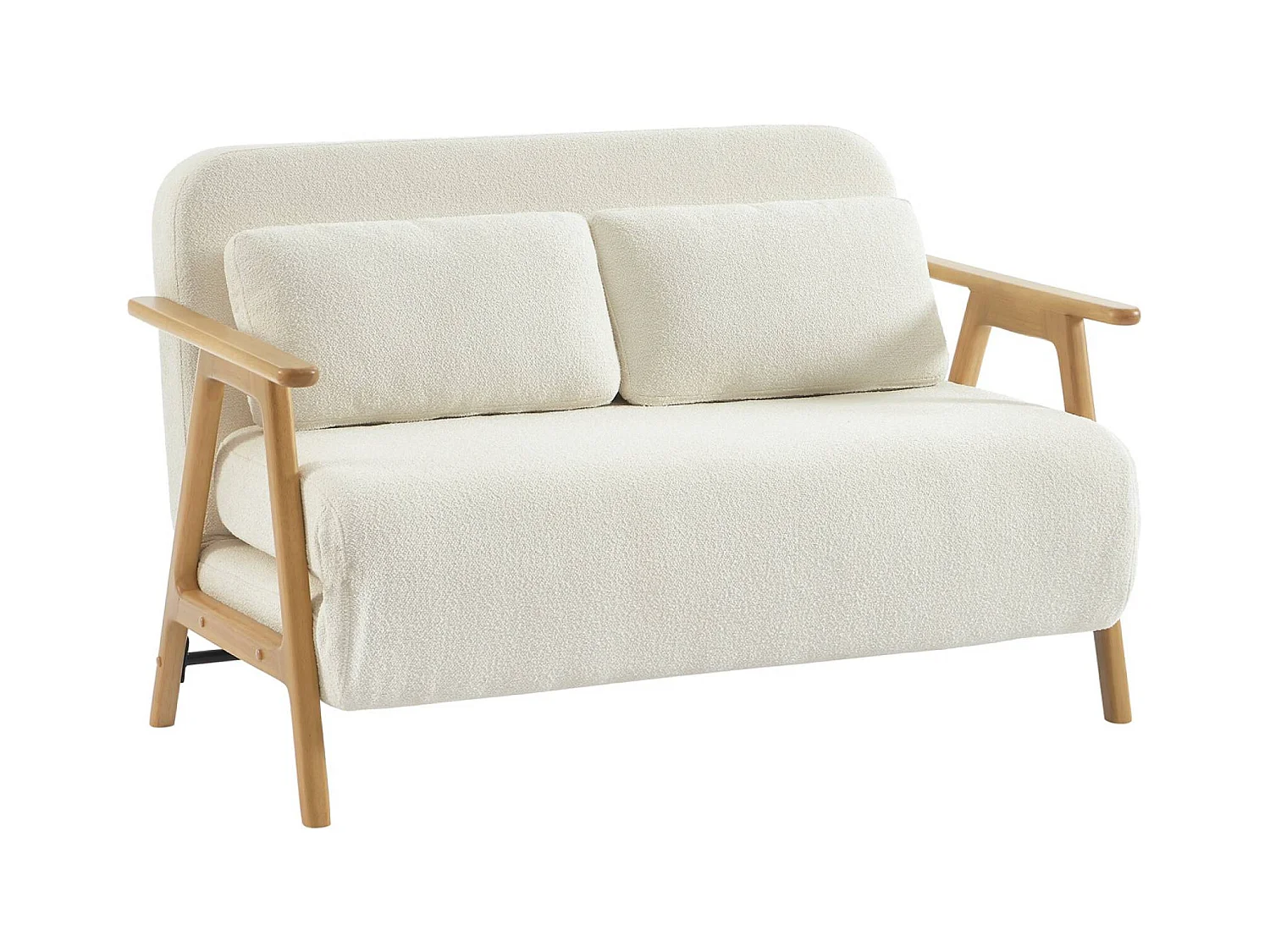 Banquette canapé convertible 2 places bois d'hévéa et bouclette texturée crème L 133 x P 81 x 84cm - Sven